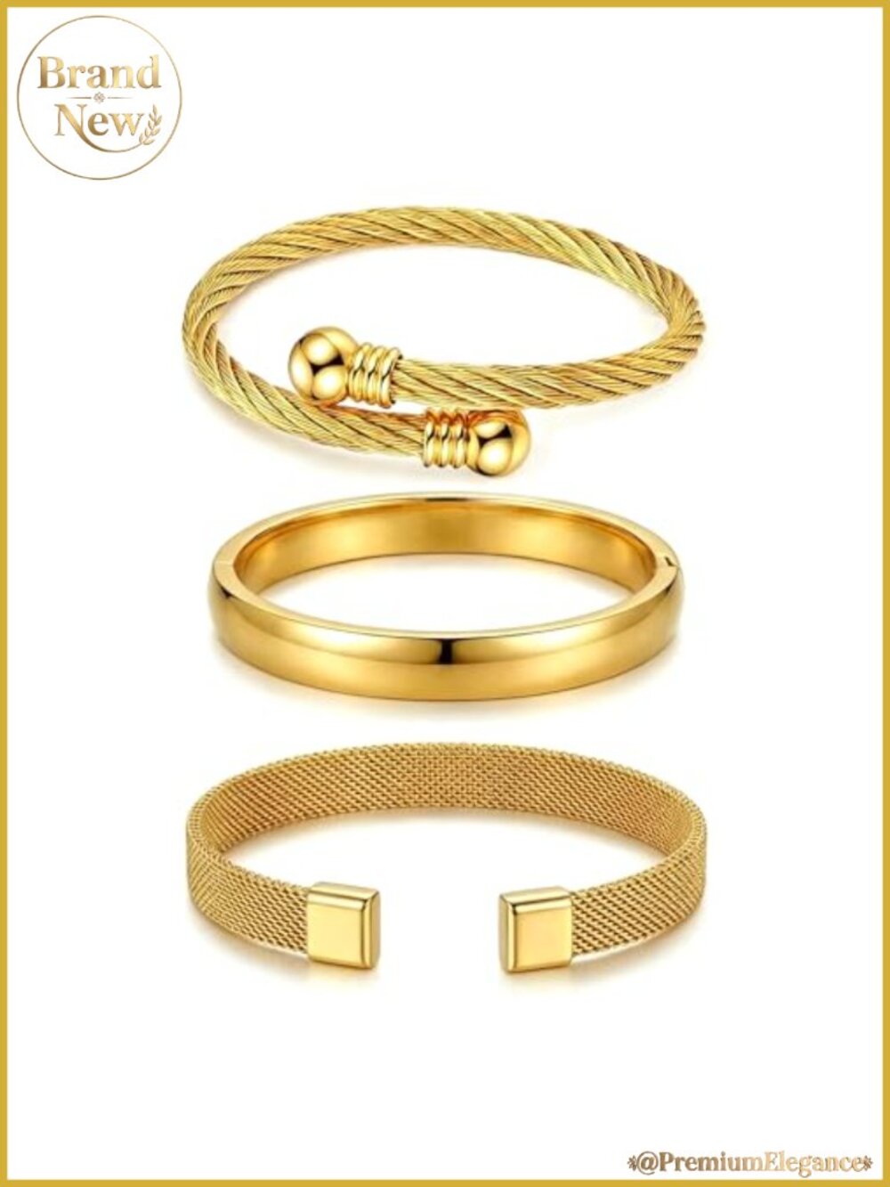Stackable Cuff Bracelets for Women, 18K Gold Plated Stainless Steel Bangle Set